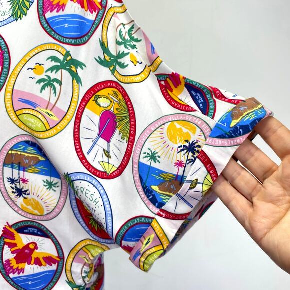 SUNBURST KISS Hawaiian Shirt Tropical Summer Beach Cocktails Cropped Sz L - Picture 7 of 10